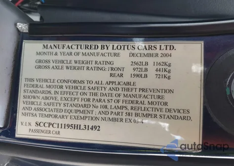 2005 Lotus Elise from USA, damaged, VIN SCCPC11195HL31492